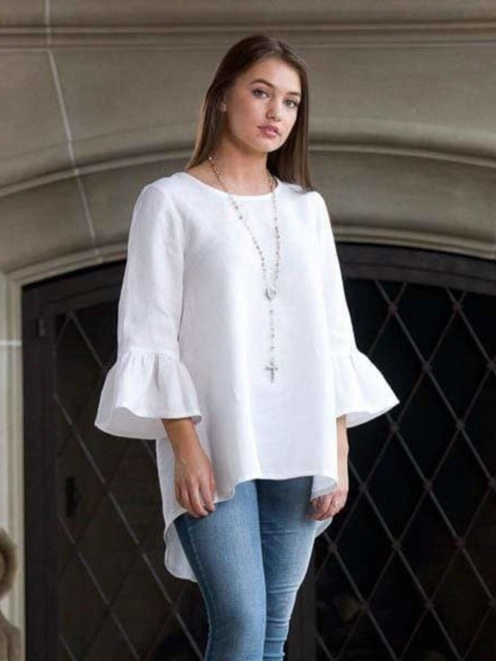 Crown Linen Designs 100% Linen Tunic Blouse Size L White Bell Sleeve Coastal